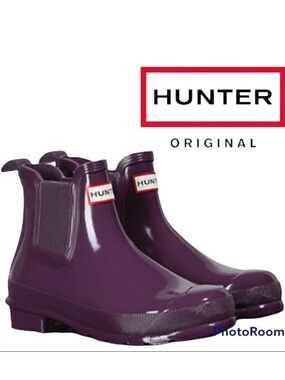 Hunter Chelsea Ankle Rain Booties Purple Sea Urchin Gloss 7